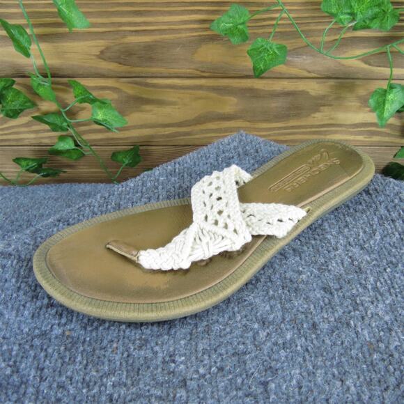 Skechers Women Cali Skch‎ Luxe Foam Flip Flop Beige Fabric Sz 8 Medium Used 2025 - Picture 1 of 6